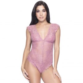 Oh La La Cheri Rose Pink Lace Teddy with Cap Sleeves
