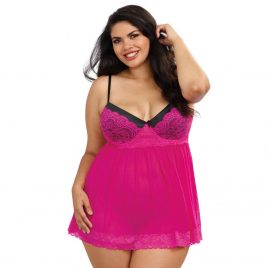 Dreamgirl Plus Size Underwired Hot Pink Lace Babydoll
