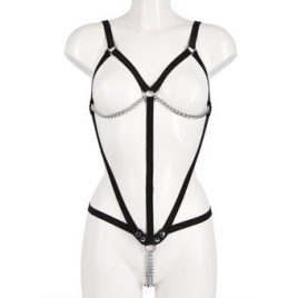 Fetish Open Breast Body Harness with Elastic Straps and Chain