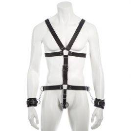 DOMINIX Deluxe Leather Body Harness with Cock Ring and Wrist Cuffs