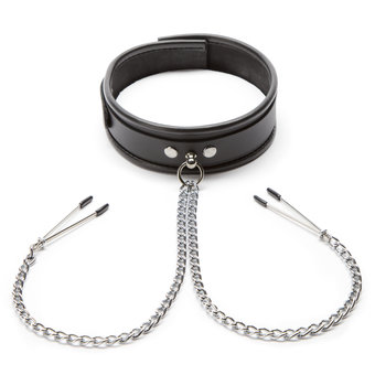 DOMINIX Deluxe Leather Collar with Nipple Clamps