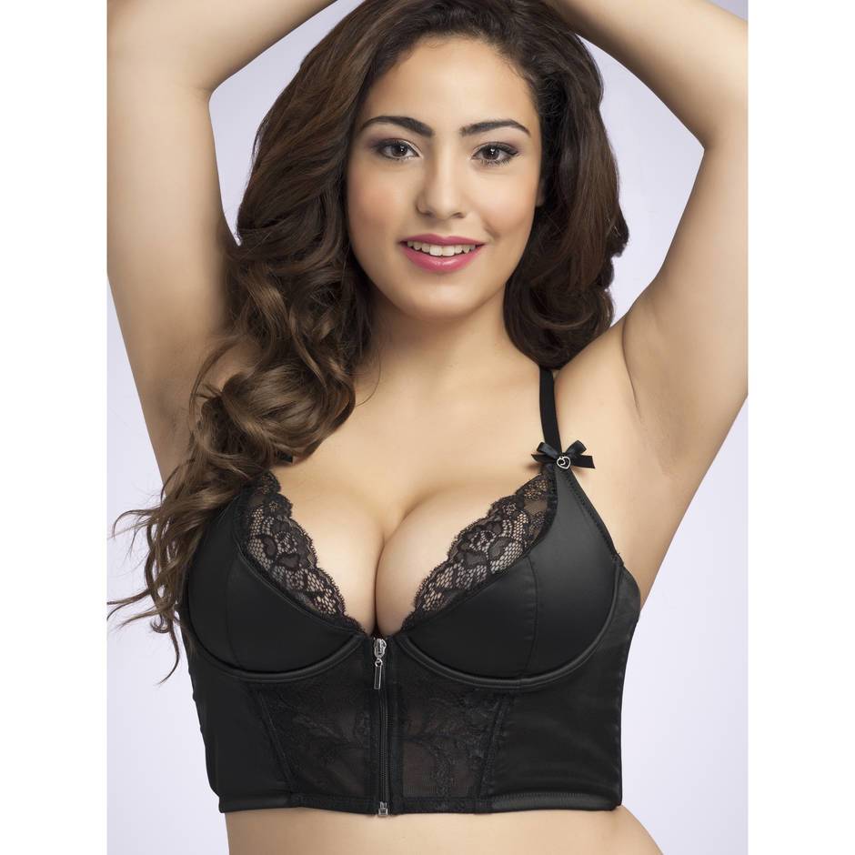 Lovehoney Plus Size Front-Fastening Satin Longline Bra Black