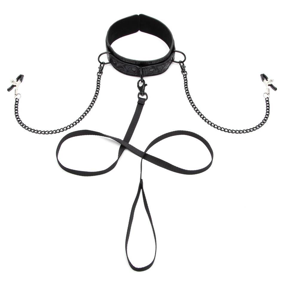 Bondage Boutique Black Rose Collar with Nipple Clamps