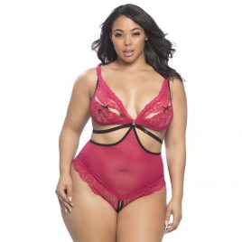 Oh La La Cheri Plus Size Pomegranate Crotchless Peek-a-Boo Teddy