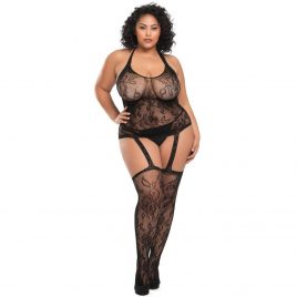 Lovehoney Plus Size Black Floral Lace Halterneck Garter Bodystocking