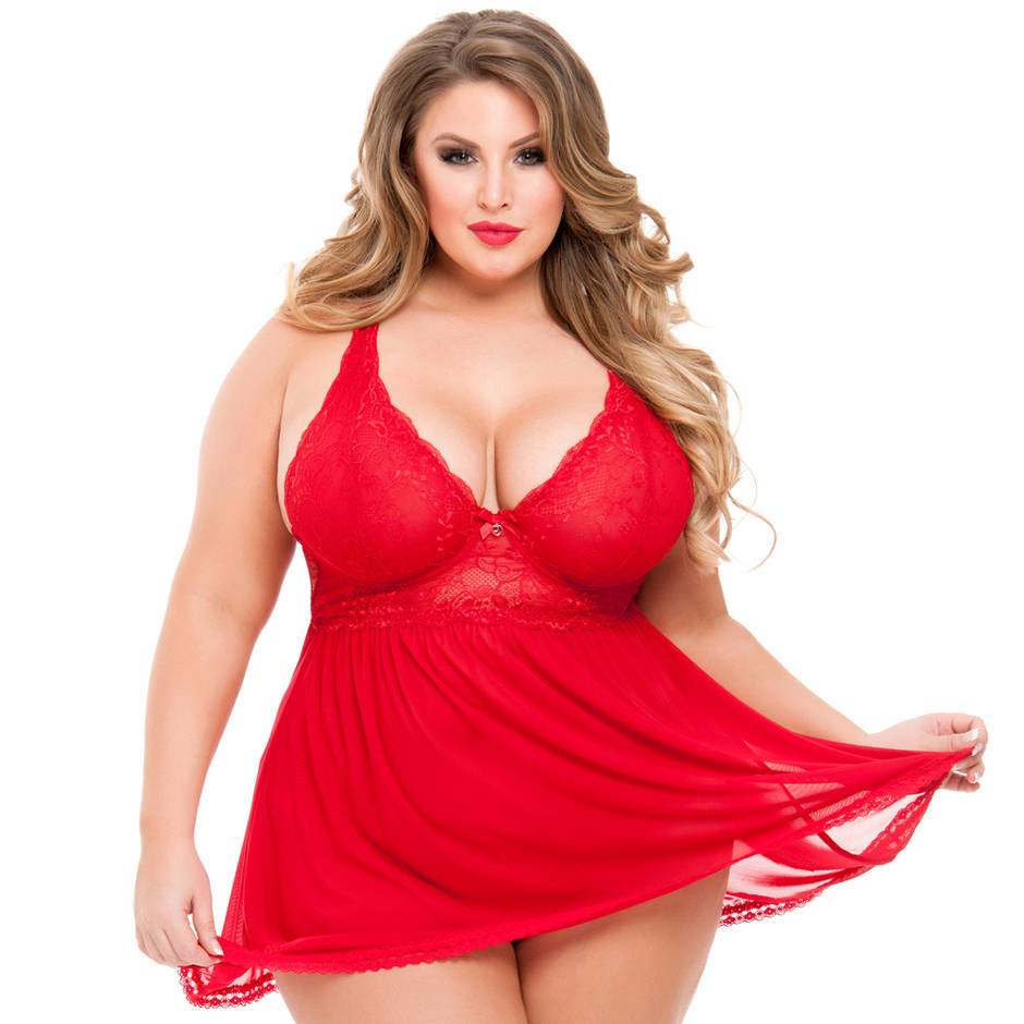 Lovehoney Plus Size Love Me Lace Red Soft Cup Babydoll Set