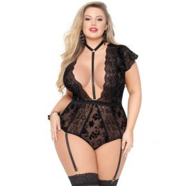 Seven ’til Midnight Plus Size Black Flocked Mesh and Lace Plunge Teddy