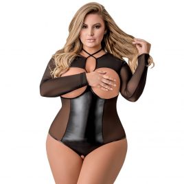 Exposed Plus Size Black Wet Look Open Cup Crotchless Teddy