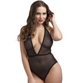 Lovehoney Crotchless Deep Plunge Black Mesh Teddy