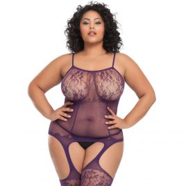 Lovehoney Plus Size Plum Fishnet and Lace Bodystocking