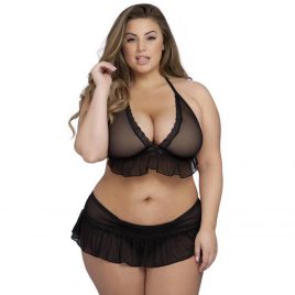 Lovehoney Plus Size Sheer Ruffle Bra & Crotchless Skirted Thong Set