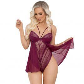Escante Wine Lace and Mesh Underwired Babydoll