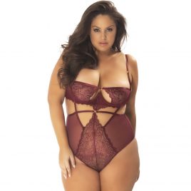 Oh La La Cheri Plus Size Wine Lace Cut-Out Half Cup Teddy