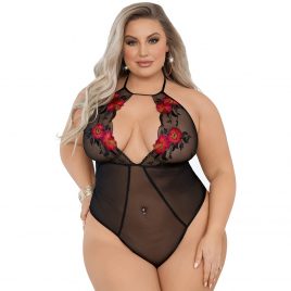 Escante Plus Size Black Sheer Halterneck Embroidered Floral Teddy