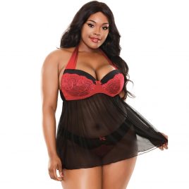 Fantasy Curve Plus Size Red Underwired Halterneck Babydoll Set