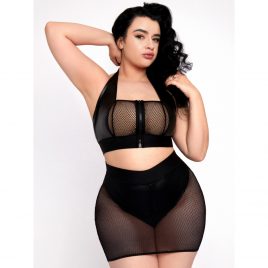 Brand X Grand Finale Wet Look and Fishnet Bra and Skirt Set