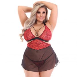 Lovehoney Plus Size Wild Spirit Red Lace Cut-Out Babydoll Set