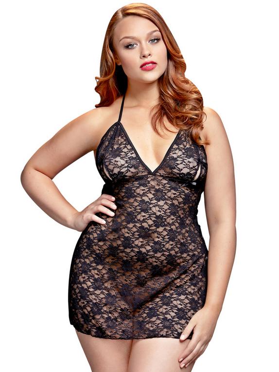 Baci Lingerie Plus Size Lace Chemise with Peek-a-Boo Cups