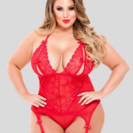 Lovehoney Plus Size Red Peek-A-Boo Merry Widow Bustier Set