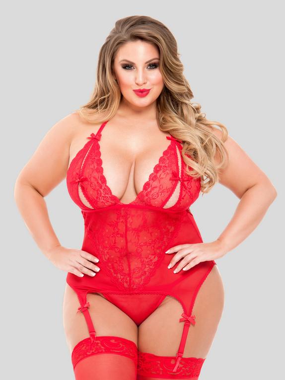 Lovehoney Plus Size Red Peek-A-Boo Merry Widow Bustier Set