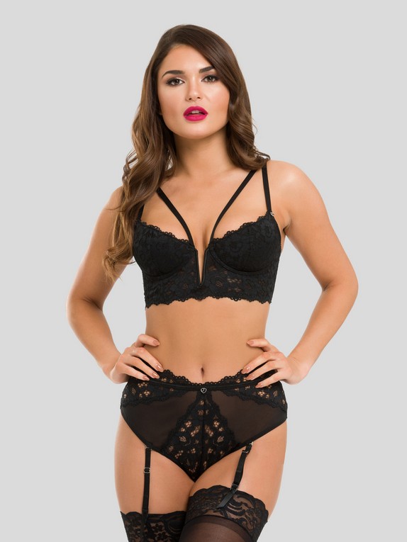 Lovehoney Parisienne Black Lace Plunge Longline Bra Set