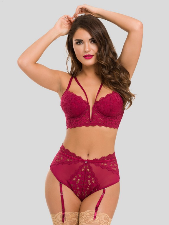 Lovehoney Parisienne Wine Lace Plunge Longline Bra Set