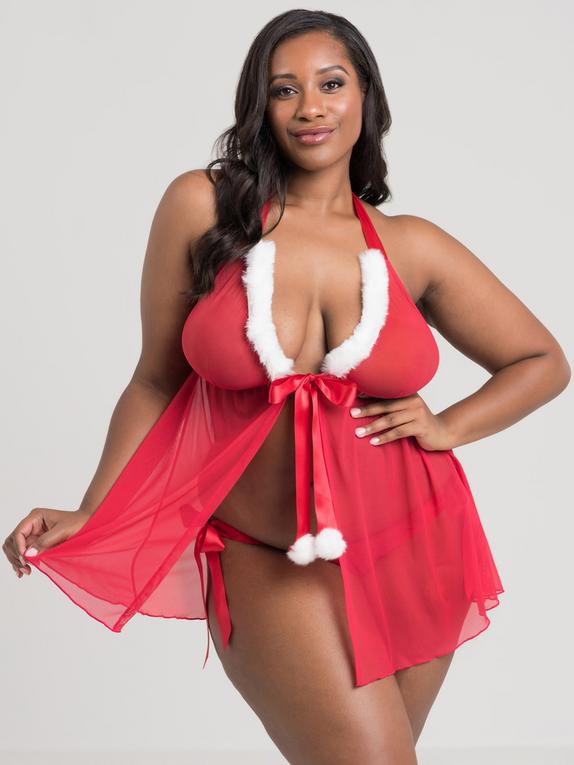 Lovehoney Plus Size Holiday Pom-Pom Red Sheer Babydoll Set