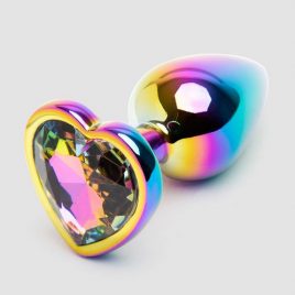 Rear Assets Small Jewelled Rainbow Heart Metal Butt Plug 2 Inch