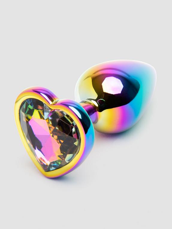 Rear Assets Small Jewelled Rainbow Heart Metal Butt Plug 2 Inch