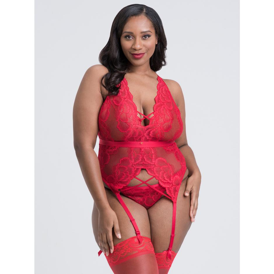 Lovehoney Plus Size Beau Red Lace Basque Set