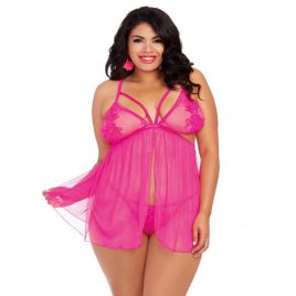 Dreamgirl Plus Size Hot Pink Sheer Applique Flyaway Babydoll Set