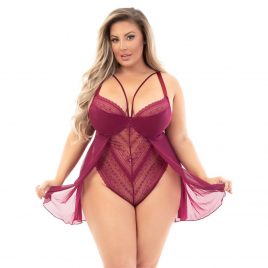 Escante Plus Size Underwired Wine Lace and Mesh Babydoll