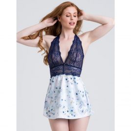 Lovehoney Watercolor Blue Lace and Floral Satin Babydoll Set