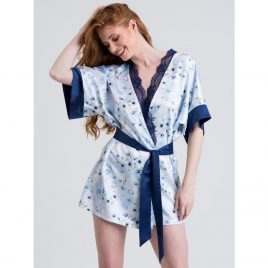 Lovehoney Watercolor Blue Lace and Floral Satin Robe