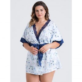 Lovehoney Plus Size Watercolor Blue Lace and Floral Satin Robe