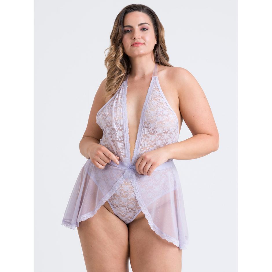Lovehoney Plus Size Peony Lilac Sheer Mesh and Lace Crotchless Teddy