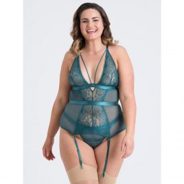 Lovehoney Plus Size Moonflower Emerald Green Lace Strappy Basque Set
