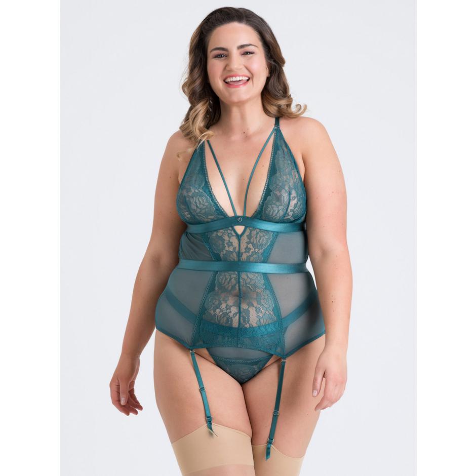 Lovehoney Plus Size Moonflower Emerald Green Lace Strappy Basque Set