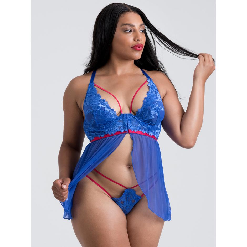 Lovehoney Plus Size Blue Belle Lace Front-Fastening Underwired Babydoll Set