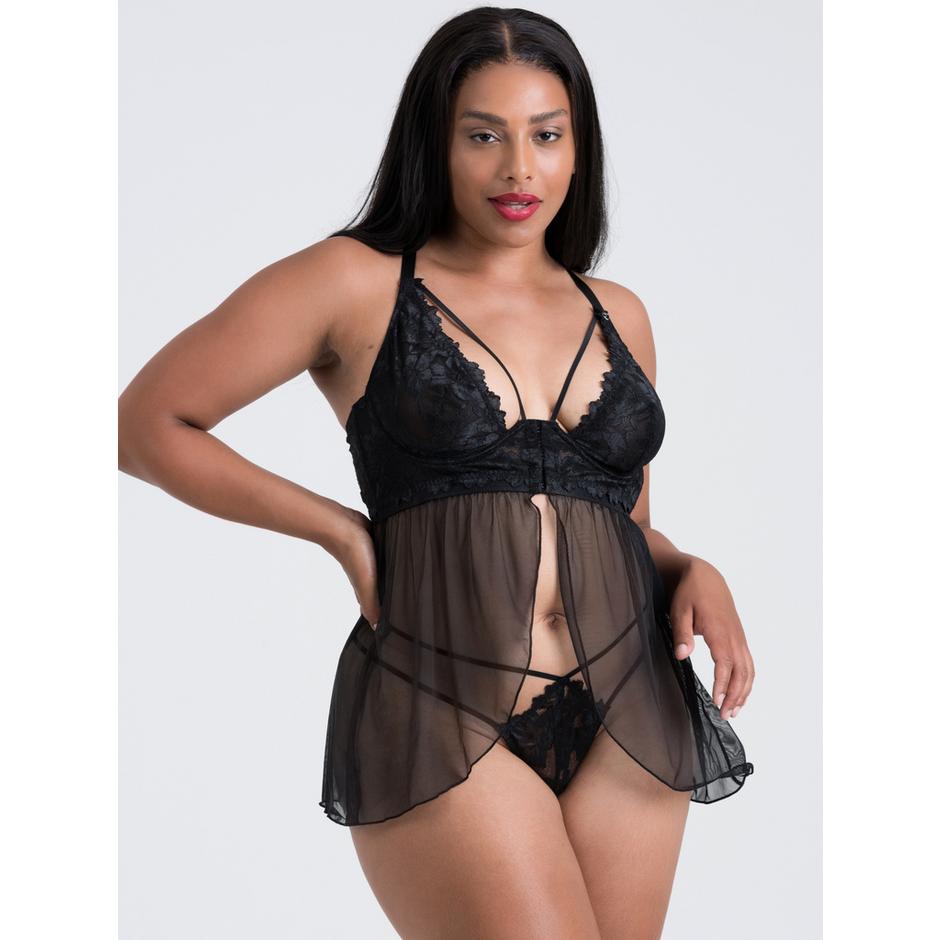 Lovehoney Plus Size Raven Belle Black Front-Fastening Underwired Babydoll Set