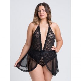 Lovehoney Plus Size Peony Black Sheer Mesh and Lace Crotchless Teddy