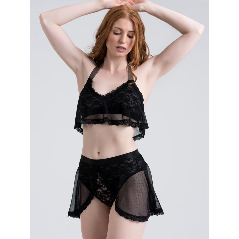 Lovehoney Peony Black Sheer Mesh and Lace Crotchless Bra Set