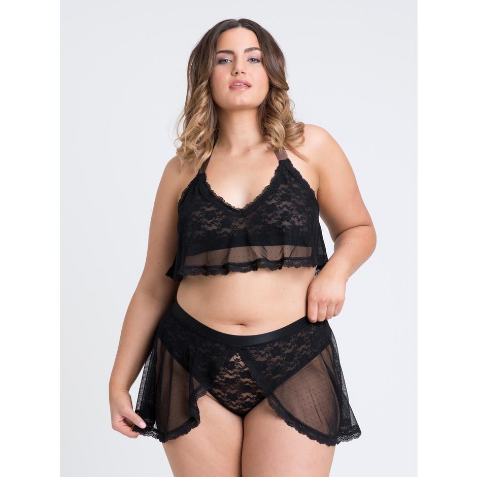 Lovehoney Plus Size Peony Black Sheer Mesh and Lace Crotchless Bra Set