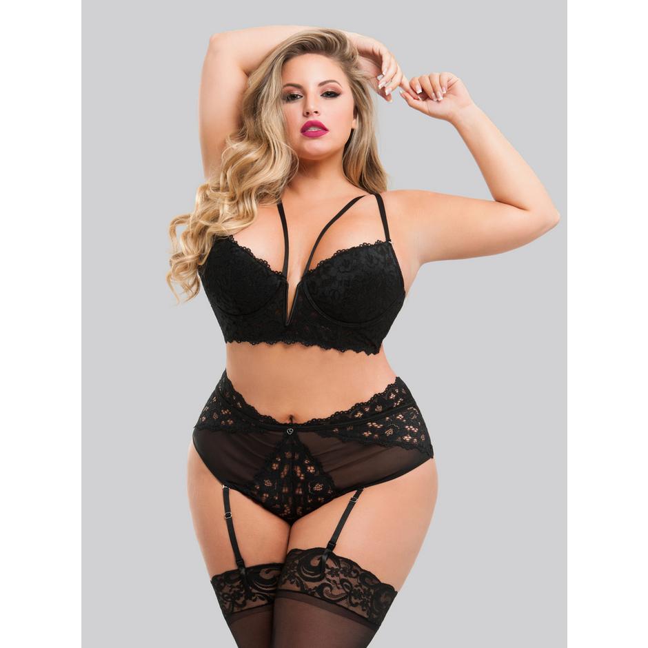 Lovehoney Plus Size Parisienne Black Lace Plunge Longline Bra Set