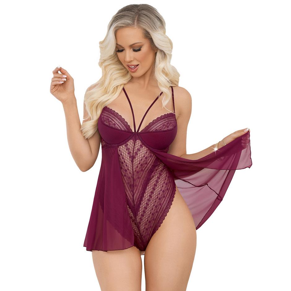 Escante Wine Lace and Mesh Underwired Teddy