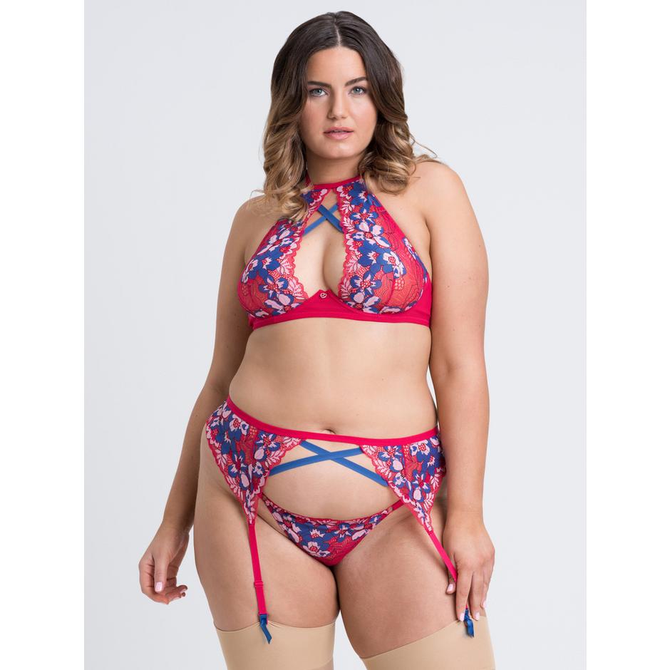 Lovehoney Plus Size Passion Flower Red Lace Halterneck Bra Set