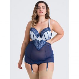 Lovehoney Plus Size Boudoir Belle Navy Blue Push-Up Chemise Set