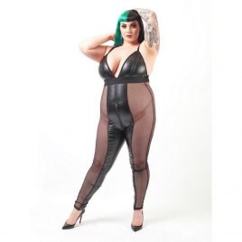 Brand X Plus Size Slippery When Wet Fishnet and Wet Look Zip-Around Catsuit