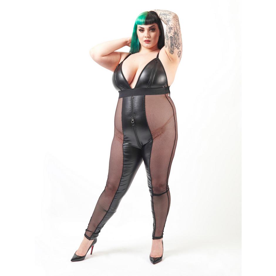 Brand X Plus Size Slippery When Wet Fishnet and Wet Look Zip-Around Catsuit