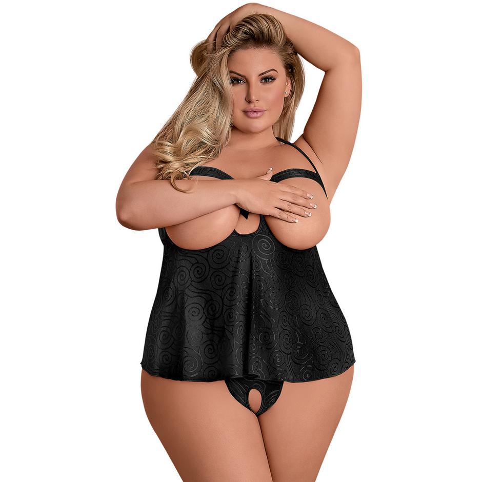 Exposed Plus Size Black Open-Cup Crotchless Cami Set